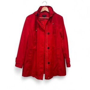 Lands’ End Women’s Coat – Red with Navy Accents Size M | Removable Lining & Hood